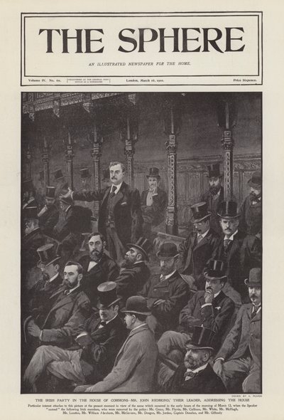 Det irske parlamentsmedlemmet John Redmond taler til Underhuset (litho) av Alfred (after) Pearse