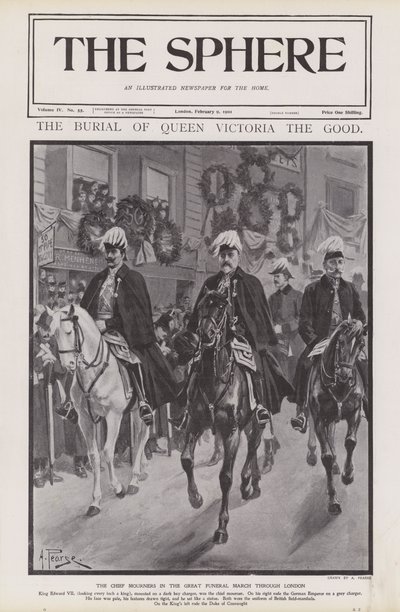 De viktigste sørgende ved begravelsesprosesjonen til dronning Victoria gjennom London (litho) av Alfred (after) Pearse