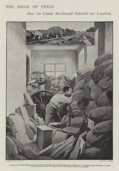 Forsvaret av den beleirede britiske legasjonen i Peking under Boxer Rebellion (litho) av Alfred (after) Pearse