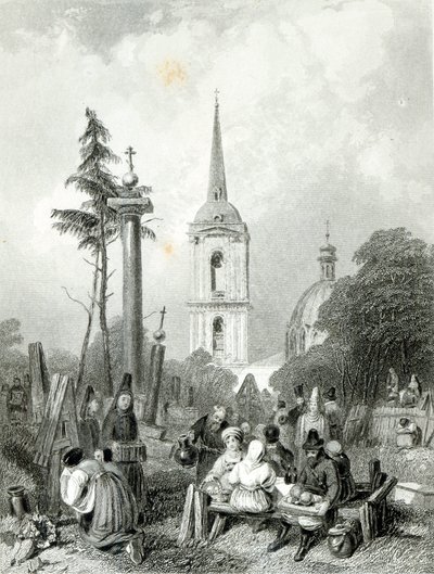 Kirkegården til Smolensko-kirken, gravert av E.Smith av Alfred (after) Vickers