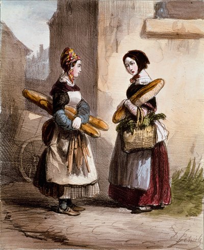 Små metiers: bakeriet. Ung gående brødhandler. Trykk av Alfred Andre Geniole (1813-1861) fra «Les femmes de Paris» 1841-1842 Paris, Musee Carnavalet av Alfred Andre Geniole