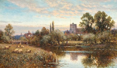 Sauer på beite før Wrotham Church, skumring av Alfred Augustus Glendening