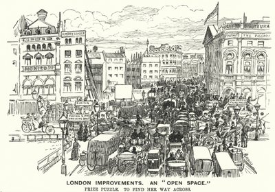 Punch tegneserie: London Improvements. En "Open Space" - trafikkbelastning i viktorianske London (gravering) av Alfred Chantrey Corbould