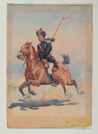 En Jat Sowar fra det 6. kavaleriet monterte, galopperende, med slengt lanse av Alfred Crowdy Lovett