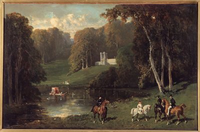 Ryttere og amasoner ved bredden av en innsjø Maleri av Alfred de Dreux (1810-1860) Søn fra 1800-tallet. 0,43x0,65 m av Alfred Dedreux