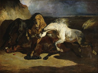 Hingster som kjemper i et stormfullt landskap, av Alfred Dedreux