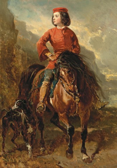 Young Rider på en Shetland, med en Greyhound; Jeune cavalier montant un shetland et levrier, 1800-tallet av Alfred Dedreux