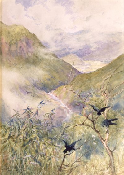 Ser over liljene: Nikko-dalen ser østover mot provinsen Shimo-no-Tsuke, ca. 1889 (wc på papir) av Alfred East