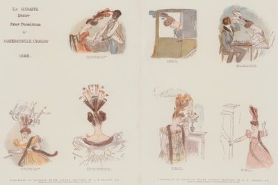 Faksimiler av originale vannfargetegninger, designet for å satirisere moten i årets kvinnelige hodekjoler 1828 (chromolitho) av Alfred Edward Chalon