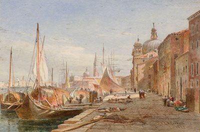 Lektere ved en kai, Venezia av Alfred Edward Goodall