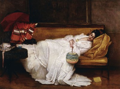 En jente med en japansk fan sover på en sofa, av Alfred Emile Stevens