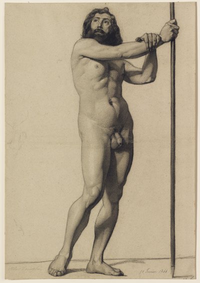 Studie av akademisk figur: naken mann som holder en stab, 1844 av Alfred Emile Stevens