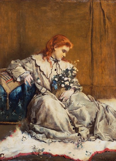 Daydream, ung rødhodet jente med blå ottoman av Alfred Emile Stevens