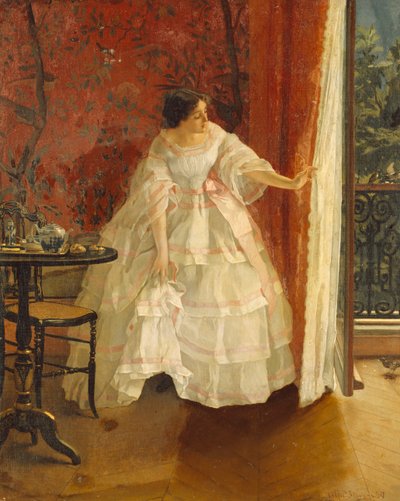 Dame ved et vindu mater fugler, ca. 1859 av Alfred Emile Stevens
