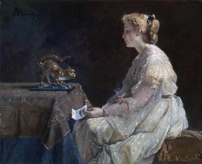 ""Nåtiden"" En ung kvinne oppdager en kattestatuett - Maleri av Alfred Stevens (1823-1906) rundt 1870 London National Gallery av Alfred Emile Stevens