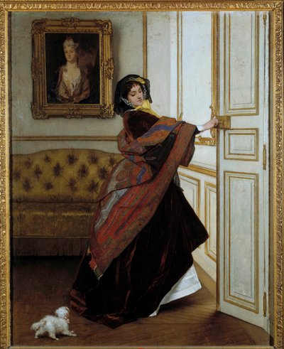 Damen med den lille hunden Maleri av Alfred Stevens (1823-1906) 1859. Olje på lerret. Mål: 61,6x48,9cm. Privat samling av Alfred Emile Stevens