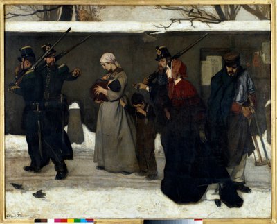 Den såkalte løsdriften sier også at jegerne til Vincennes National Guard stopper familier på gaten. Maleri av Alfred Stevens (1823-1906) Søn. 1,3x1,6 m Paris, musee d