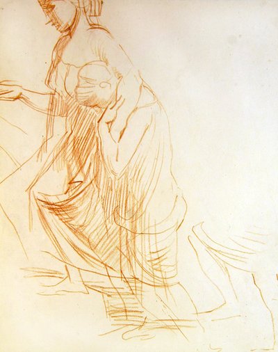 Studie av to figurer, en stående og en knelende, ca. 1850 (rødt kritt på papir) (se 366413 for verso) av Alfred George Stevens