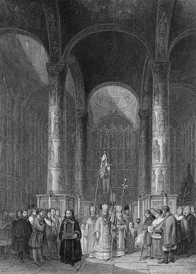 Interiøret i den store katedralen i himmelfarten, gravert av T. Higham, 1835 av Alfred Gomersal Vickers