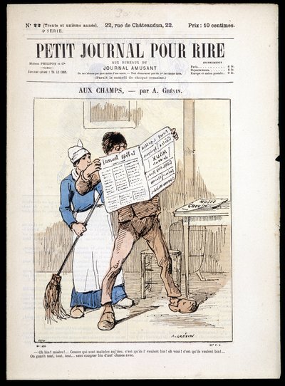 Mann som leser en avis: """ aux Champs"" av A. grévin- i "" Le Petity Journal pour rire"" n¡22, n.d. av Alfred Grevin