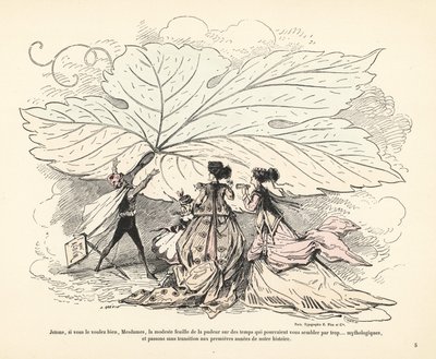 Mann som kaster et digert fikenblad foran tre kvinner i vol av Alfred Grevin