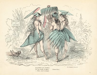 Kvinner kledd kun i fikenbladskjoler og hatter, holder blad pa av Alfred Grevin