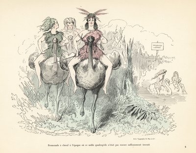 Kvinner i dyreskinn og fjær som rir på strutser og svaner. av Alfred Grevin