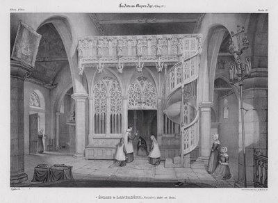 Utskåret treskjerm av kapellet i Notre Dame de Lambader, Plouvorn, Bretagne, Frankrike (litho) av Alfred Guesdon