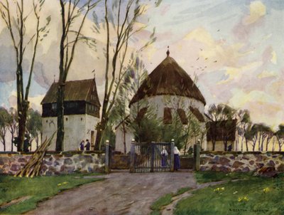 Danmark: Bornholm, Osterlars kirke (farge litho) av Alfred Heaton Cooper