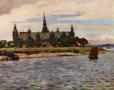 Danmark: Helsingør, Kronborg slott (farge litho) av Alfred Heaton Cooper