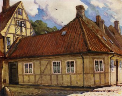 Danmark: Odense, fødestedet til Hans Andersen (farge litho) av Alfred Heaton Cooper