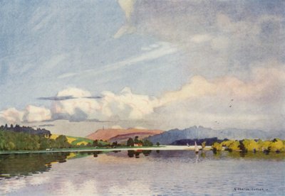 Danmark: Silkeborgsjøen og Himmelsbjerget (farge litho) av Alfred Heaton Cooper