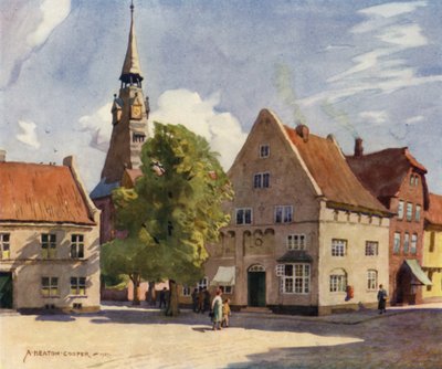 Danmark: Tonder, en middelalderby i Nord-Slesvig (farge litho) av Alfred Heaton Cooper