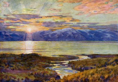 Midnattssol over innsjøen Torne Trask, fra Abisko av Alfred Heaton Cooper