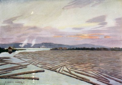 Tømmer ved elven Angerman, Härnösand av Alfred Heaton Cooper