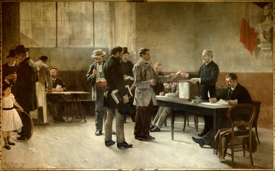 Allmenn stemmerett Et valglokale i 1891. Maleri av Alfred Bramtot (1852-1894) 1891 les Lilas, Rådhuset av Alfred Henri Bramtot