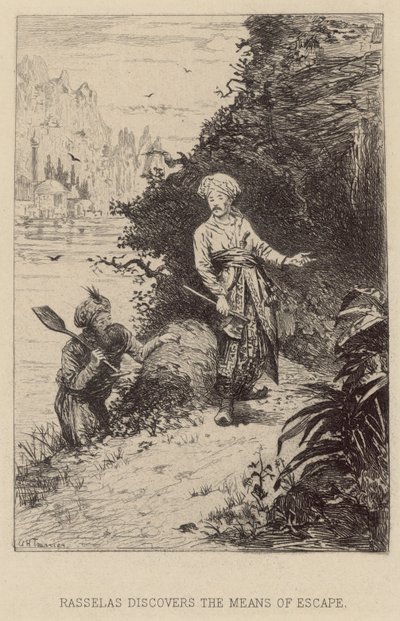 Rasselas oppdager fluktmidlene (etsing) av Alfred Holst Tourrier