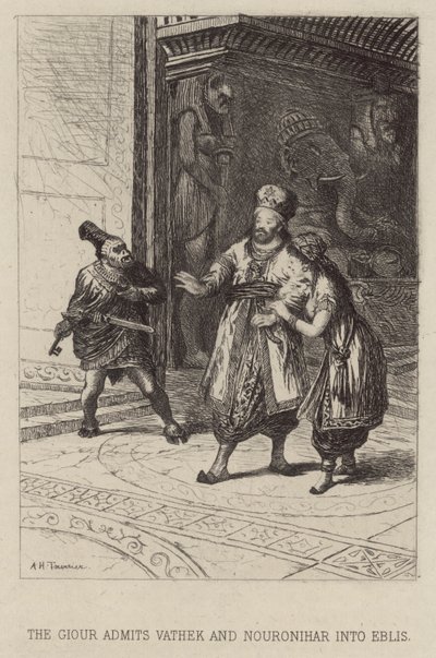 Giouren innrømmer Vathek og Nouronihar i Eblis (etsing) av Alfred Holst Tourrier