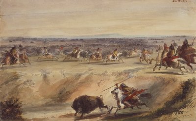 A Surround or Hunting the Buffalo, ca. 1839 (blyant, penn og blekk, akvarell og gouache på papir) av Alfred Jacob Miller