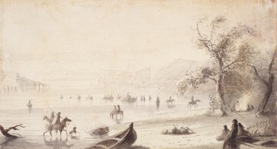 Bull Boating Across the Platte, ca. 1837 (tegning på papir) av Alfred Jacob Miller