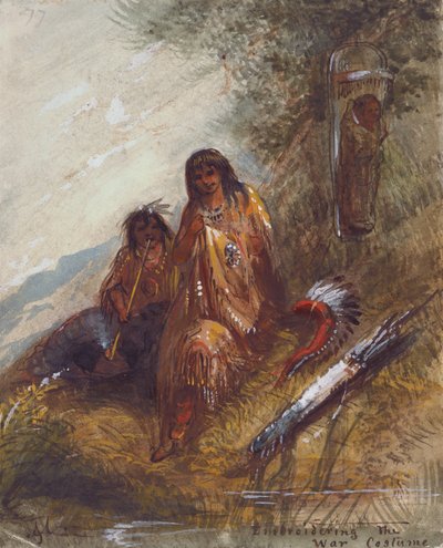 Brodering the War Costume, ca. 1837 (akvarell og gouache på papir) av Alfred Jacob Miller