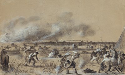 Fire on the Prairie, Setting Fire to the Camp, ca. 1837 (vask med høylys på papir) av Alfred Jacob Miller