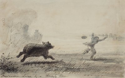 Fontenelle Chased by a Grizzly Bear, ca. 1837 (penn, blekk og vask på papir) av Alfred Jacob Miller