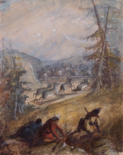 Hunting the Mountain Sheep, ca. 1837 (blyant, penn og blekk, akvarell og gouache på papir) av Alfred Jacob Miller