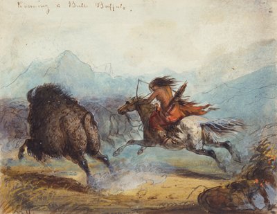 Indisk kvinne som kjører en bøffel, ca. 1858-60 (akvarell på papir) av Alfred Jacob Miller