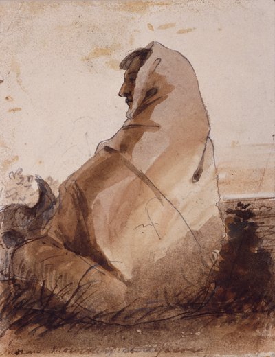 Indian Mourning over a Grave, merket med en bøffelhodeskalle, ca. 1837 (blyant, penn og blekk og vask på papir) av Alfred Jacob Miller