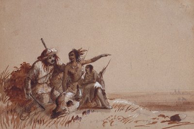 Kansas Indian Recounting to a Trapper, av Signs, the Migration of Buffalo, ca. 1837 (blyant og brune og svarte vasker på papir) av Alfred Jacob Miller