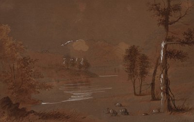 Utsikt over innsjø og fjell av Alfred Jacob Miller