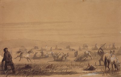 Reaching Camp, Removing the Saddles, ca. 1837 (blyant, penn og blekk, vask og gouache på papir) av Alfred Jacob Miller