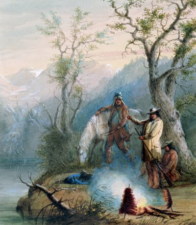 Roasting the Hump Rib, 1837 (wc forhøyet med hvitt på papir) av Alfred Jacob Miller
